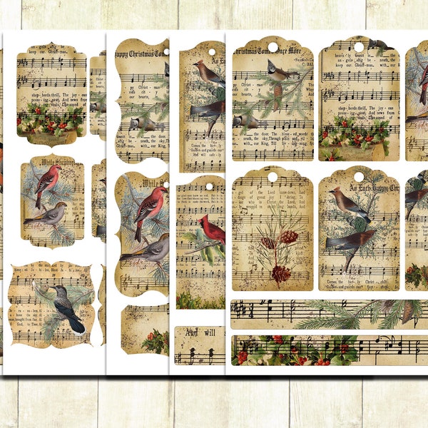Vintage Christmas Birds with Music Journal Kit, Music Manuscript with Birds Printable Tags and Labels, Christmas Music Tickets, Digital.