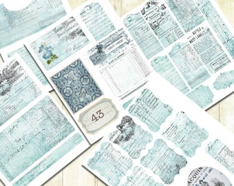 Etiquetas de diário de lixo azul vintage, download digital, coisas efêmeras azuis gastas, etiquetas para impressão, kit de diário, kit de álbum de recortes azul, kit de papel para impressão