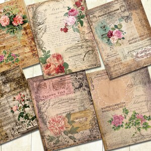 May include: Set of six vintage-style paper sheets with floral designs and text. The papers feature a distressed, aged look with faded colors and handwritten text. The floral designs include roses, leaves, and vines.