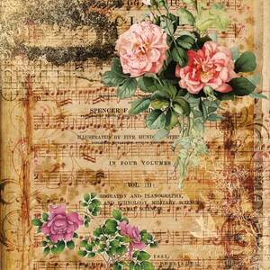 May include: Vintage sheet music with a faded background and a bouquet of pink roses with green leaves. The text on the page reads "Spencer F.  Illustrated by Five Hundred Steel. In Four Volumes. Vol. III: Geography and Planography, and Ethnology, Military Sciences, Naval Sciences. 1851, Published by H.  "