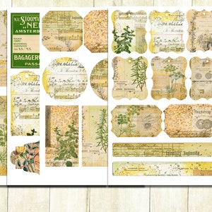 Yellow Ephemera Collage Tags, Digital Download, Printable Tags, Vintage Junk Journal Kit, Scrapbook Kit, Vintage Ephemera, Tags and Labels.