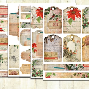 Vintage Shabby Christmas Tags and Labels, Vintage Christmas Junk Journal Embellishments, Digital Download Scrapbook Embellishments.