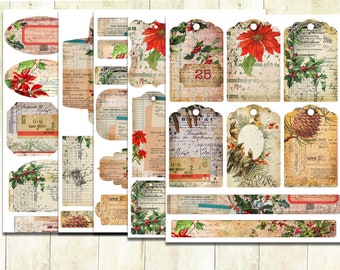 Vintage Shabby Christmas Tags en Labels, Vintage Christmas Junk Journal verfraaiingen, Digitale Download Scrapbook Verfraaiingen.
