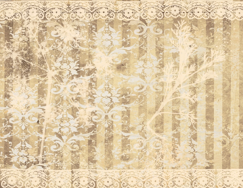 May include: A vintage-style background with a delicate lace border, a faded floral pattern, and a striped texture. The background is in shades of beige and cream.