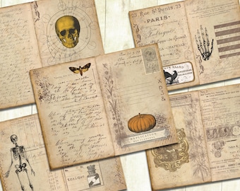 Sepia Halloween Journal Pages, Double Pages, Vintage Halloween Journal Papers.