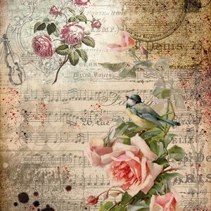 May include: A vintage-style image with a faded background of sheet music and a delicate floral arrangement featuring pink roses and green leaves. A bluebird perches on a branch in the center of the image.