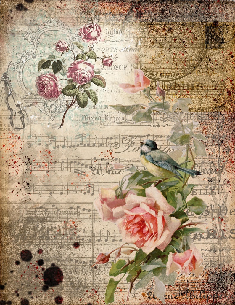 May include: A vintage-style image with a faded background of sheet music and a delicate floral arrangement featuring pink roses and green leaves. A bluebird perches on a branch in the center of the image.