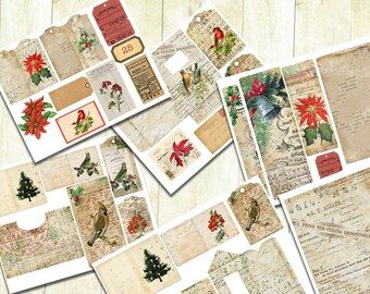 Vintage Christmas Birds Junk Journal Kit, Digital Download, Red Christmas Ephemera, Vintage Birds, Journal Pockets.