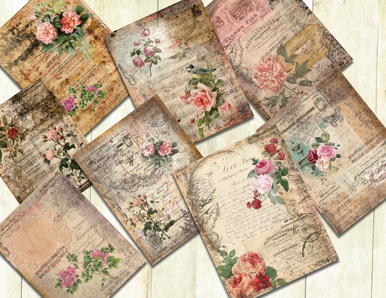 May include: Nine vintage style paper sheets with floral designs and handwritten text. The papers feature roses, butterflies, and birds. The papers are distressed and have a vintage look.