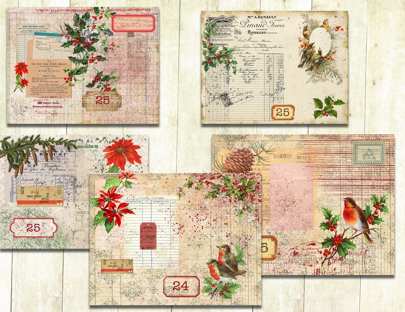 Vintage Shabby Christmas Collage papers, Vintage Christmas Junk Journal Papers, Digital Download, Christmas Scrapbook Printable papers. image 2