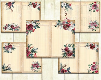 Christmas Roses Ledger Papers, Vintage Junk Journal Pages, Digital Download.
