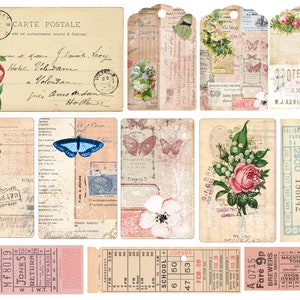Skräpjournalskit med vintageblommor, utskrivbara etiketter och efemera, etiketter med blomsterjournal, digital nedladdning, shabby journal-kit, vintageblommor. bild 4