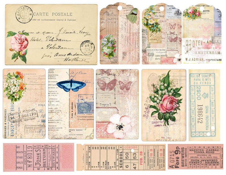Skräpjournalskit med vintageblommor, utskrivbara etiketter och efemera, etiketter med blomsterjournal, digital nedladdning, shabby journal-kit, vintageblommor. bild 4