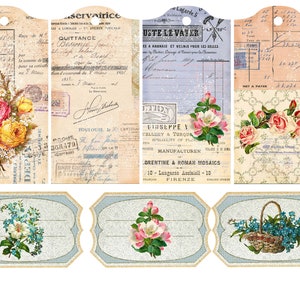 Skräpjournalskit med vintageblommor, utskrivbara etiketter och efemera, etiketter med blomsterjournal, digital nedladdning, shabby journal-kit, vintageblommor. bild 5