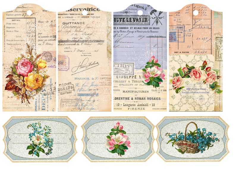 Skräpjournalskit med vintageblommor, utskrivbara etiketter och efemera, etiketter med blomsterjournal, digital nedladdning, shabby journal-kit, vintageblommor. bild 5