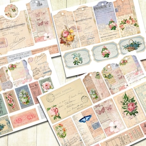 Skräpjournalskit med vintageblommor, utskrivbara etiketter och efemera, etiketter med blomsterjournal, digital nedladdning, shabby journal-kit, vintageblommor. bild 1