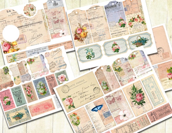 Vintage Flowers Junk Journal Kit, Printable Tags and Ephemera, Flower Journal Tags, Digital Download, Shabby Journal Kit, Vintage Flowers.