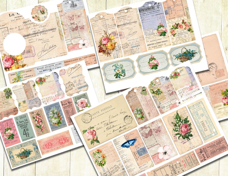 Skräpjournalskit med vintageblommor, utskrivbara etiketter och efemera, etiketter med blomsterjournal, digital nedladdning, shabby journal-kit, vintageblommor. bild 1