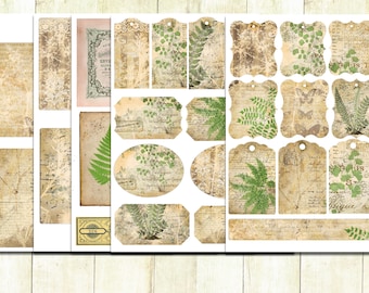 Botany Junk Journal Kit, vintage Ferns, Printable Plant Papers, Plant Journal, Printable Tags, Digital Download.