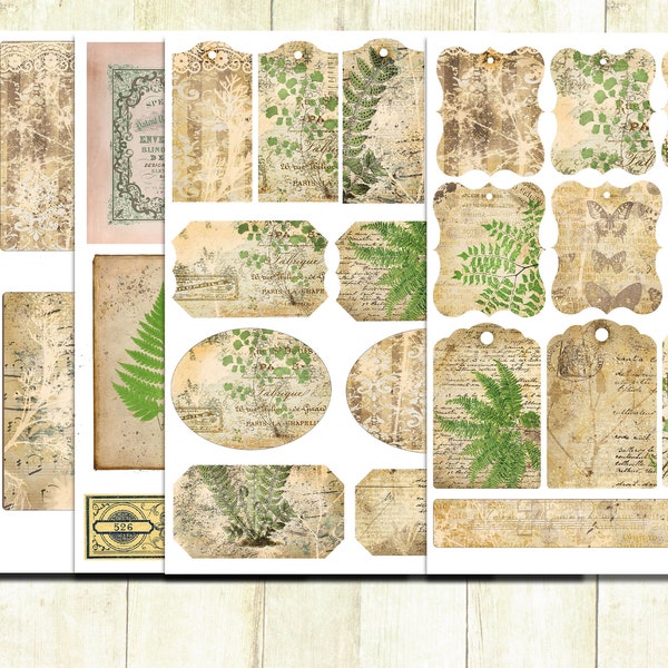 Botany Junk Journal Kit, Vintage Ferns, Printable Plant Papers, Plant Journal, Printable Tags, Digital Download.