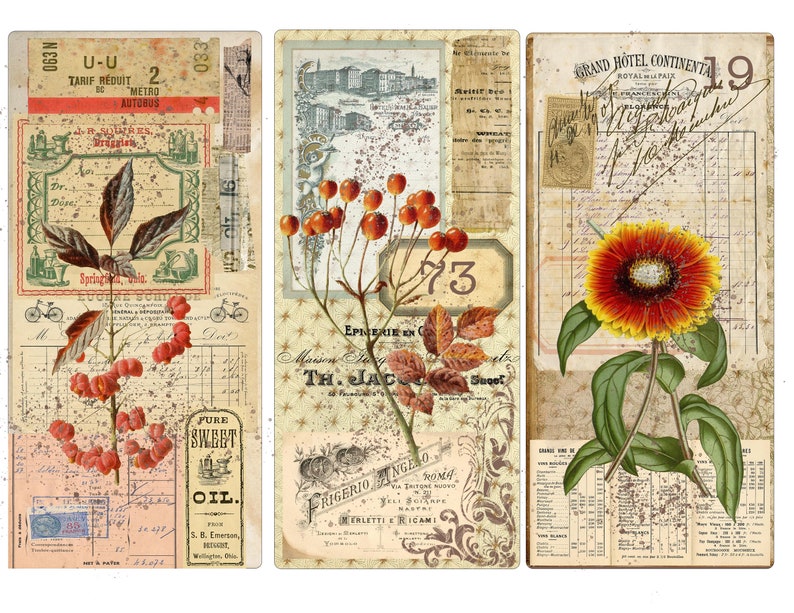 May include: Three vintage style digital scrapbook paper designs featuring a red berry branch, a fall leaf branch, and a red and yellow flower. The papers have a distressed, aged look with text and numbers.