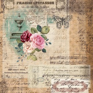 May include: A vintage-style postcard with a faded background and handwritten text. The postcard features a floral design with pink and red roses, a butterfly, and a musical score. The text on the postcard includes "Poste Card" and "Fraisse & Patasson".