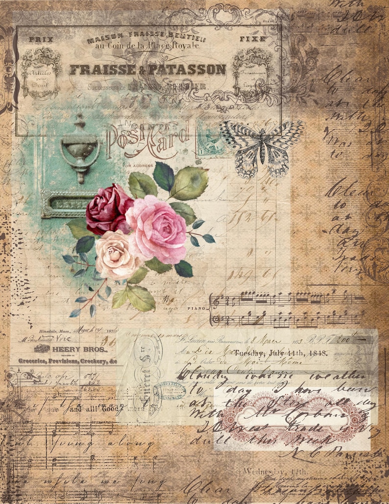 May include: A vintage-style postcard with a faded background and handwritten text. The postcard features a floral design with pink and red roses, a butterfly, and a musical score. The text on the postcard includes "Poste Card" and "Fraisse & Patasson".