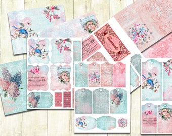 Pink and Blue Spring Journal Kit, Digital Download Junk Journal Printables, Pink and Blue Scrapbook Kit, Vintage Shabby Papers, Instant Kit.