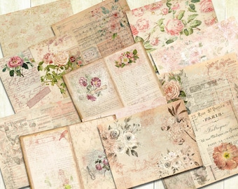 May include: A collection of vintage-style papers with floral designs and handwritten text. The papers are in shades of pink, cream, and brown. The text includes the words "73. Rue St Denis. 73", "Paris", "Fabrique", "86. rue Philippe-se-Guisa", and "Paris-La-Chapelle".