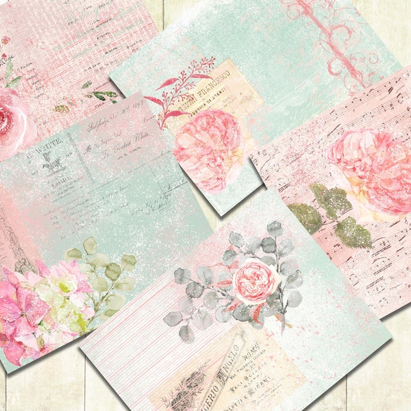 Valentine Journal Papers, Digital Download, Vintage Shabby Printable Papers, Romantic Roses, Pink Rose Digital Papers.