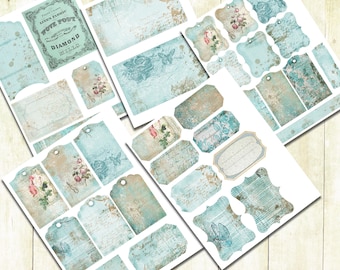 Shabby Aqua Printable Tags, Aqua Junk Journal Kit, Digital Download, Blue Journal Kit, Scrapbook Ephemera, Printable Journal Kit, Shabby Kit