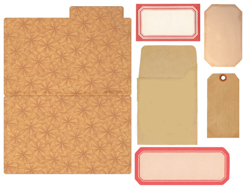 May include: A set of vintage paper ephemera with a geometric pattern, including a folder, envelope, tag, and two rectangular labels with red borders.