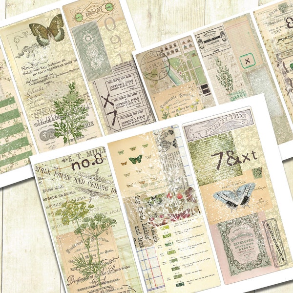 Frühlings-Schmetterling-Journal-Karten, Pflanzen und Blumen Junk-Journal-Karten, Collage-Karten, Shabby Vintage Ephemera Frühlings-Journal-Karten.