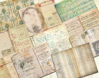 Könnte beinhalten: Eine Sammlung von Vintage-Papieren, darunter Postkarten, Rechnungsseiten und Notenblätter. Die Papiere weisen gealterte Texturen, verblasste Farben und handschriftliche Schrift auf. Einige Stücke haben dekorative Ränder und Stempel.