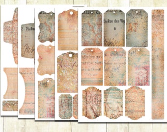 Printable Journal Tags, Vintage Ephemera, Shabby Journal Kit, Labels, Tags, French, Sepia Ephemera, Digital.