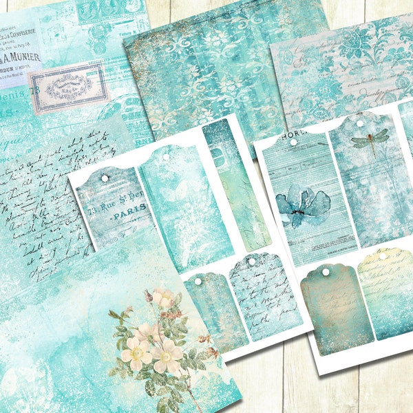 Aqua Ozean Journal Papiere, Türkis Sommer Journal Papiere, Shabby Aqua druckbare Journal Seiten, digitaler Download.