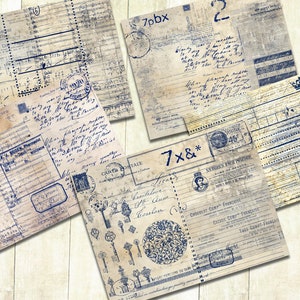 May include: A collection of vintage-style paper ephemera with a distressed, aged appearance. The papers feature faded blue ink with handwritten script, stamps, and decorative elements. The overall aesthetic is reminiscent of antique postcards and documents.