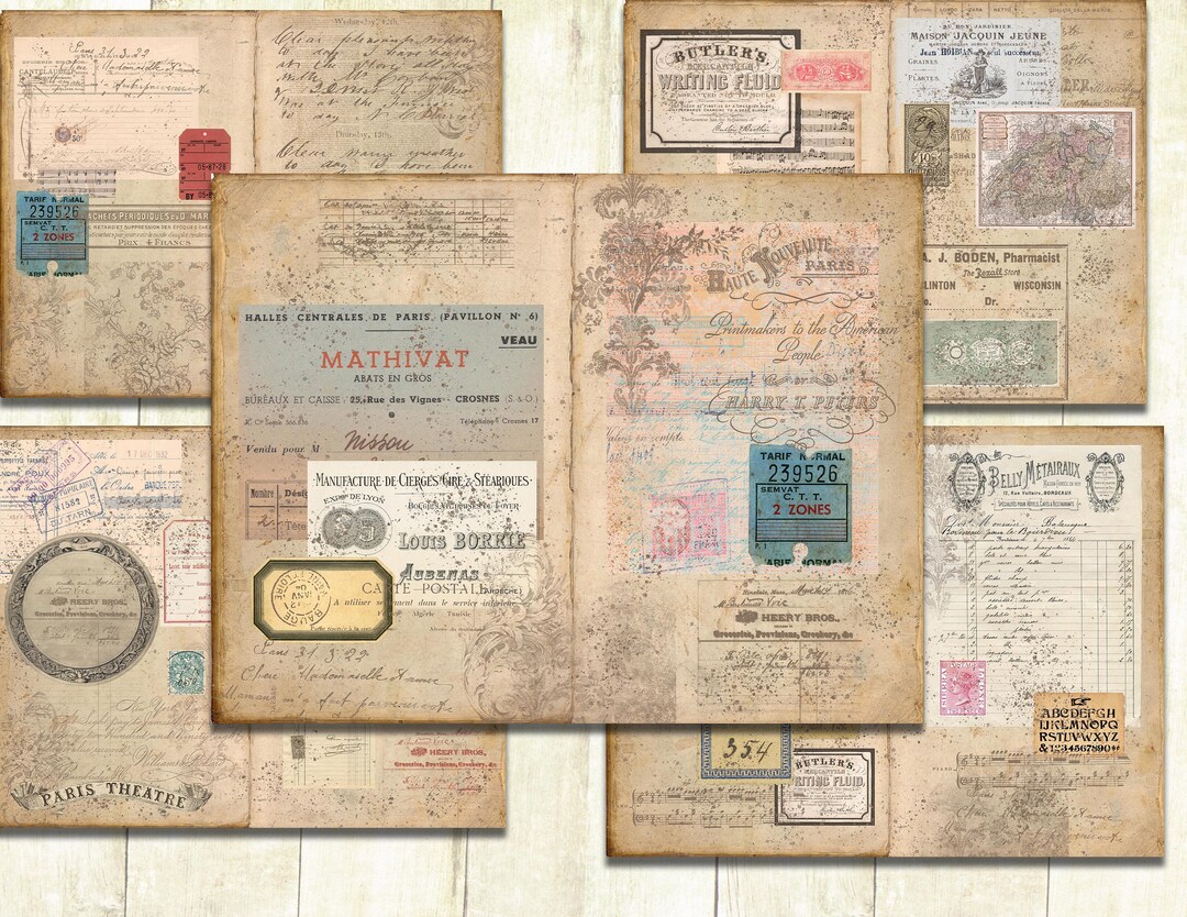 Junk Journal Printable Papers, Vintage Ephemera Collage, Double Pages ...