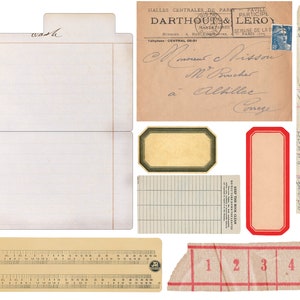 May include: A collection of vintage ephemera, including a manila folder with the word "wash" written on it, a business card for Darthou & Leroy, a handwritten envelope with the text "Mminus Misson, M&sup3; Boncher, &agrave; Altillac, Conege", a small rectangular label, a red label, and a piece of ruled paper with numbers 1 through 5.