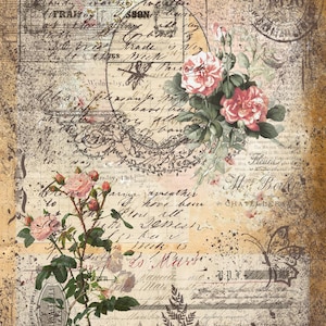 May include: Vintage style collage featuring a floral design with pink roses and green leaves. The background is a distressed, aged paper with handwritten text and stamps. The text includes the words "Wednesday", "Thursday, 13th", "Paris", "Fleur", "Mme Boike", and "CHATELLERAL".