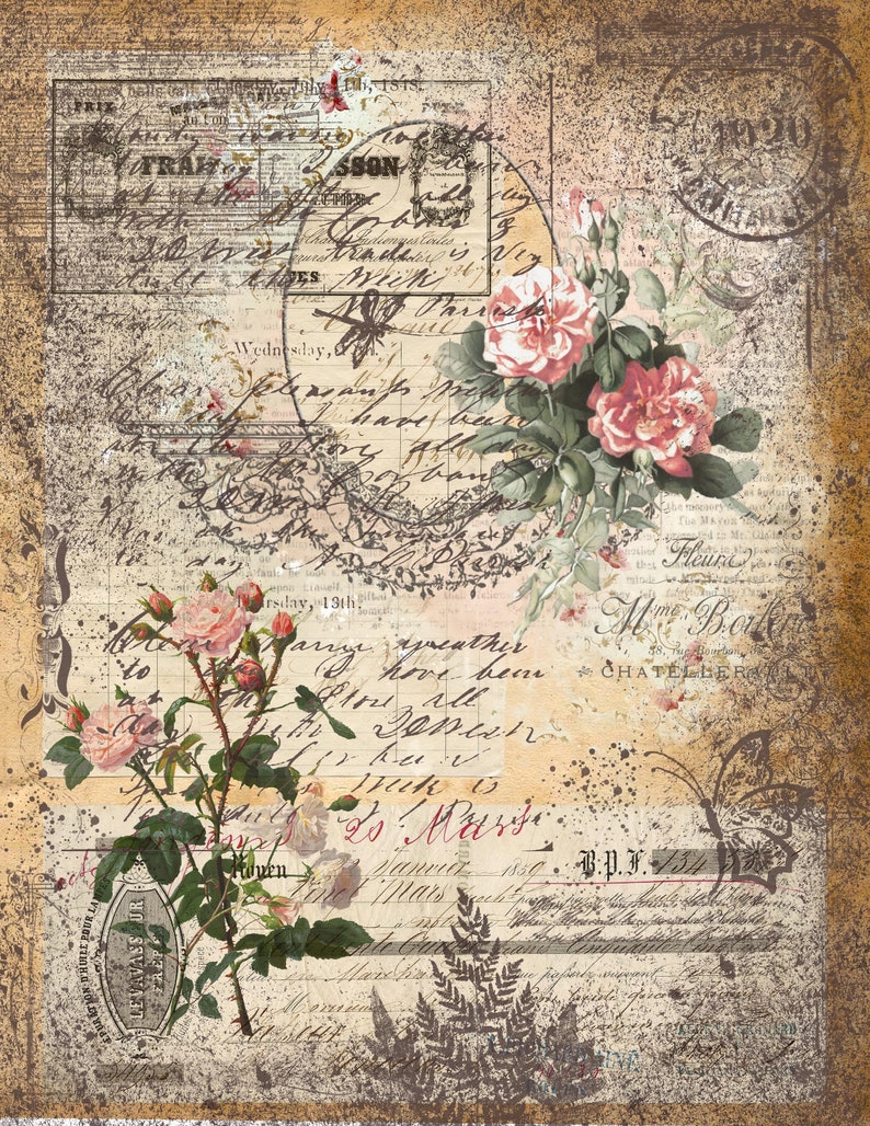 May include: Vintage style collage featuring a floral design with pink roses and green leaves. The background is a distressed, aged paper with handwritten text and stamps. The text includes the words "Wednesday", "Thursday, 13th", "Paris", "Fleur", "Mme Boike", and "CHATELLERAL".