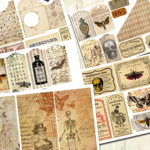 Antique Halloween Ephemera, Vintage Halloween Junk Journal Kit, Sepia, Printable Tags, Labels, Halloween Journal Elements.