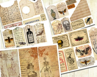 Antique Halloween Ephemera, Vintage Halloween Junk Journal Kit, Sepia, Printable Tags, Labels, Halloween Journal Elements.