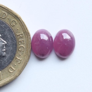 以下が含まれることがあります： 2つの楕円形に磨かれた濃いピンク色の宝石が、英国の1ポンド硬貨の隣にあります。硬貨にはエリザベス2世女王の肖像と2017年が描かれています。宝石は滑らかで反射性があります。