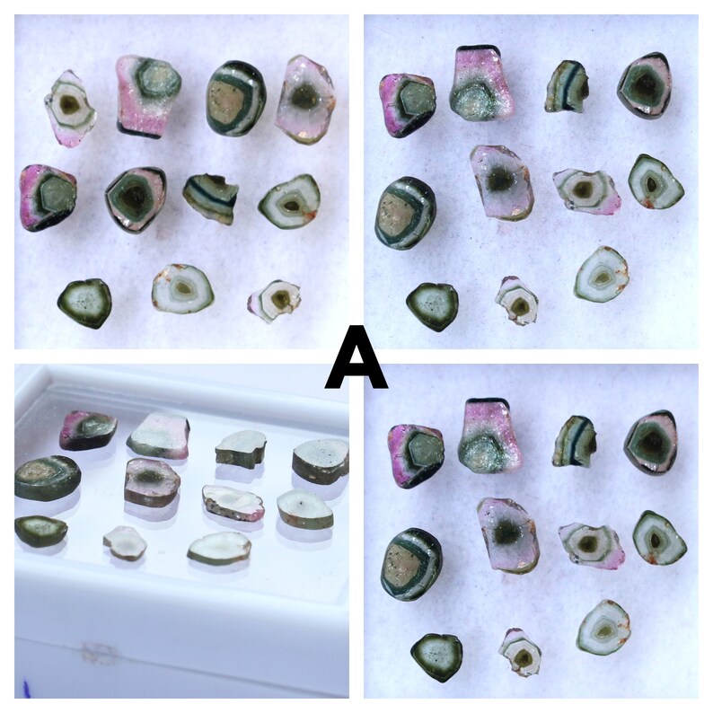 May include: A collection of watermelon tourmaline gemstones, displaying pink, green, and clear hues. The stones are cut and polished, revealing concentric patterns. The letter "A" is visible in the image.
