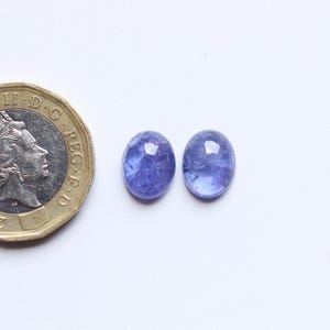 Op de afbeelding: Twee ovale, blauw-violette edelstenen liggen naast een Britse munt van één pond. De edelstenen hebben een glad, gepolijst oppervlak en een doorschijnend uiterlijk. De munt is goud- en zilverkleurig.