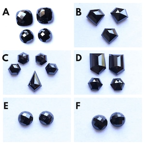 Op de afbeelding: Assortiment van zwarte edelsteen-cabochons in verschillende vormen en maten, gelabeld van A tot en met F. De edelstenen worden gepresenteerd op een witte achtergrond.