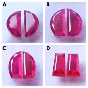 May include: Four pairs of pink gemstones, each pair is cut in a different shape. The gemstones are arranged in a grid pattern, labeled A, B, C, and D.