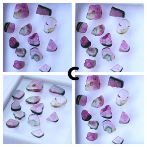 May include: Four images of watermelon tourmaline gemstones. The stones are a mix of pink, green, and white, with some showing a distinct colour gradient. The gemstones are irregularly shaped and appear to be raw or uncut, with a natural, organic look.