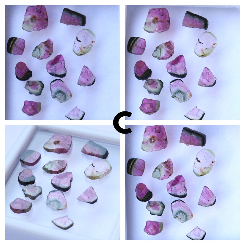 May include: Four images of watermelon tourmaline gemstones. The stones are a mix of pink, green, and white, with some showing a distinct colour gradient. The gemstones are irregularly shaped and appear to be raw or uncut, with a natural, organic look.